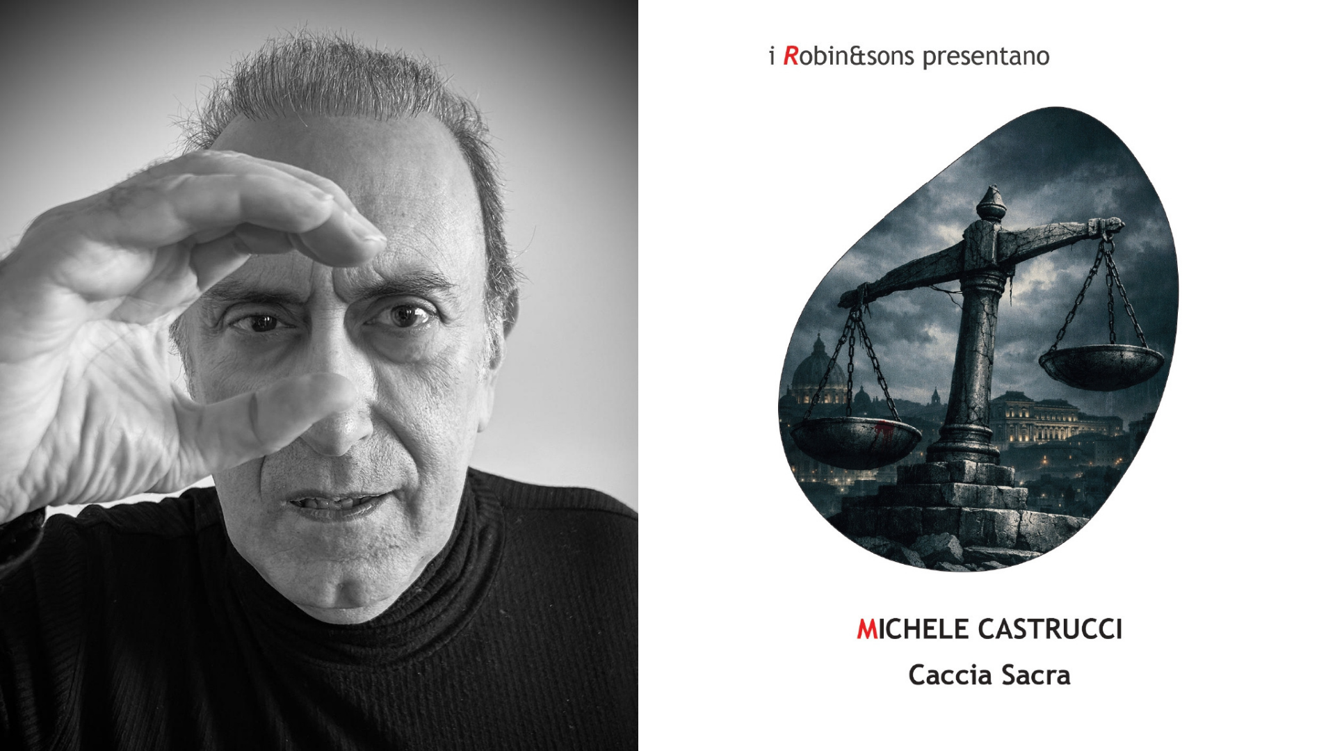 Michele Castrucci e la copertina del libro Caccia Sacra